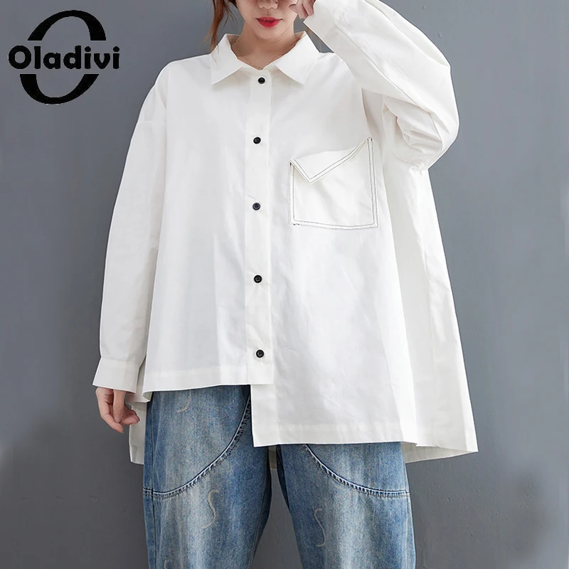 

Oladivi Oversized Women Long Sleeve Solid Irregular Blouses Fashion Ladies Casual Loose Shirts 2022 Autumn Femlae Blusa Top 7359