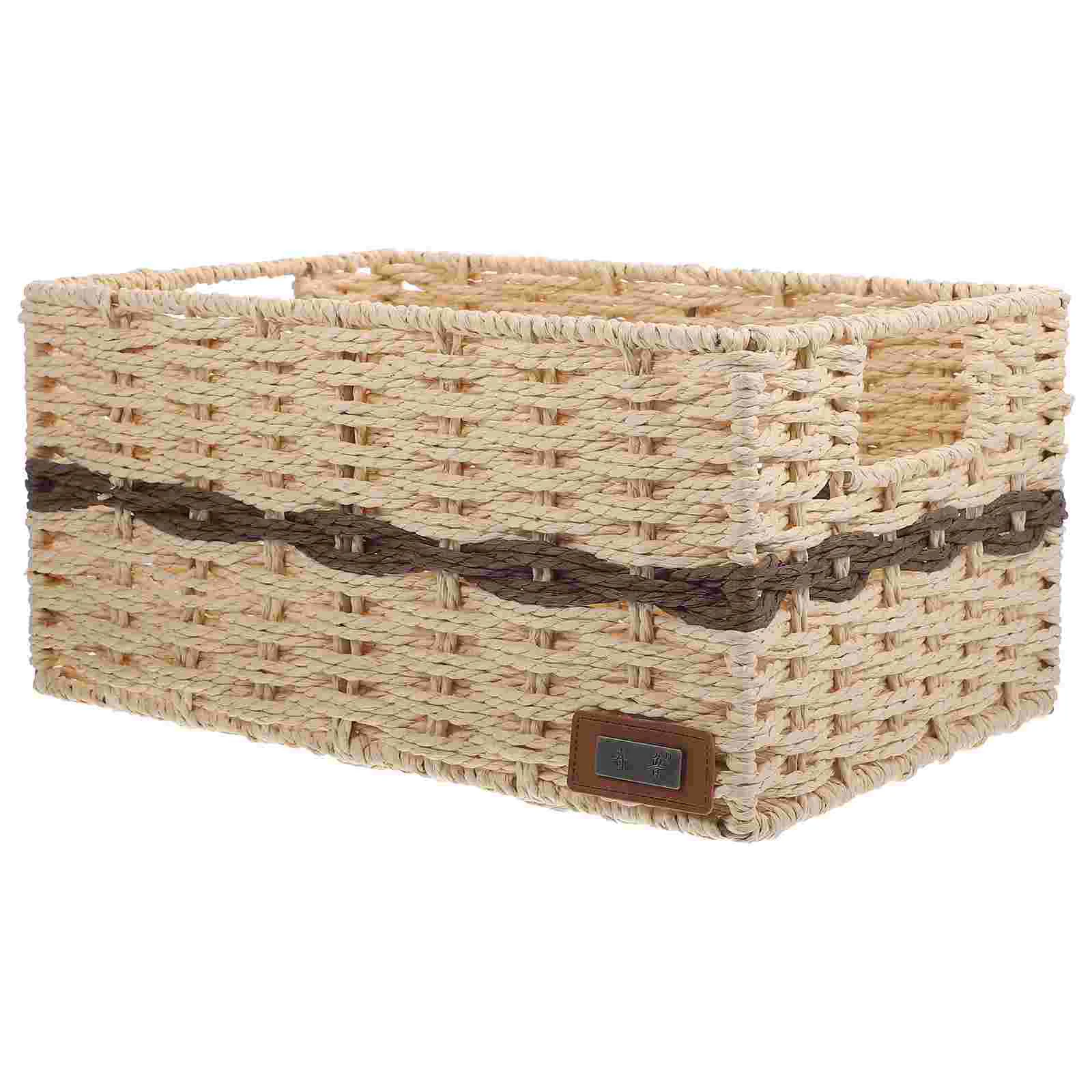 

Straw Storage Basket Baskets Desktop Organizer Bin Lid Household Container Woven Sundries Handle Iron