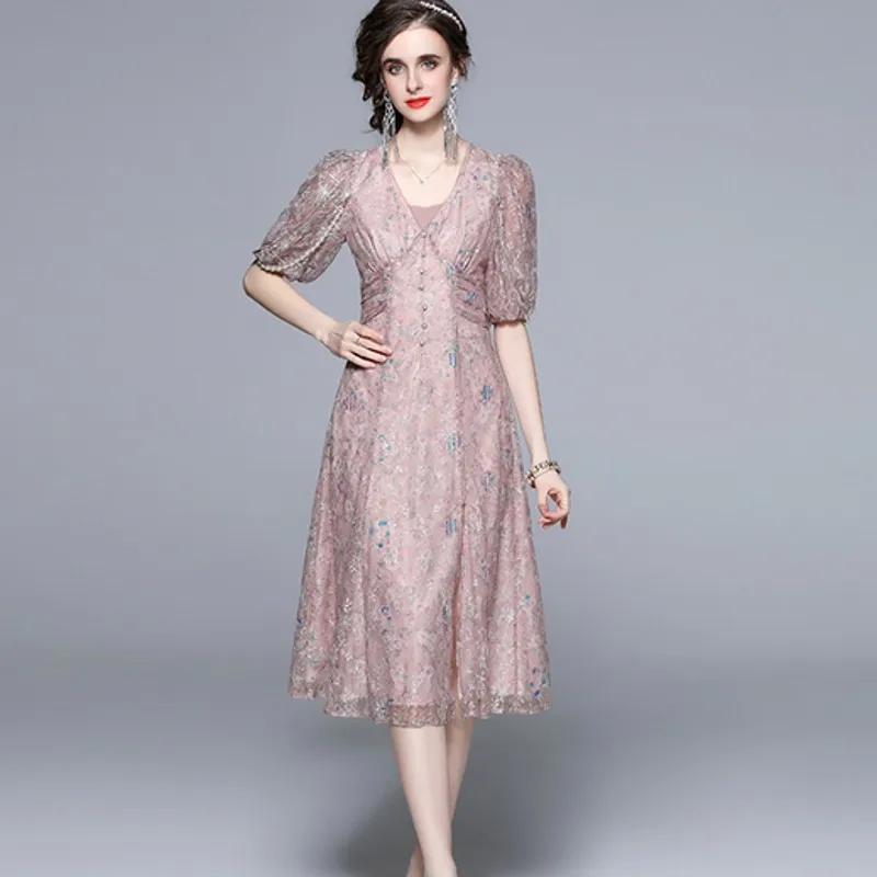 

2022 Spring Summer Elegant Women Dress High Quality V Neck puff Sleeve Dress Vestidos