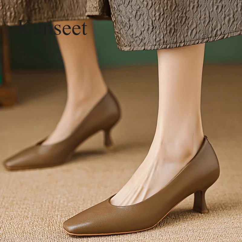 

Kanseet Pumps For Lady 2023 Spring New Real Leather Women Shoes Elegant Handmade Dress 5cm Mid Heels Footwear Khaki Sizes 40