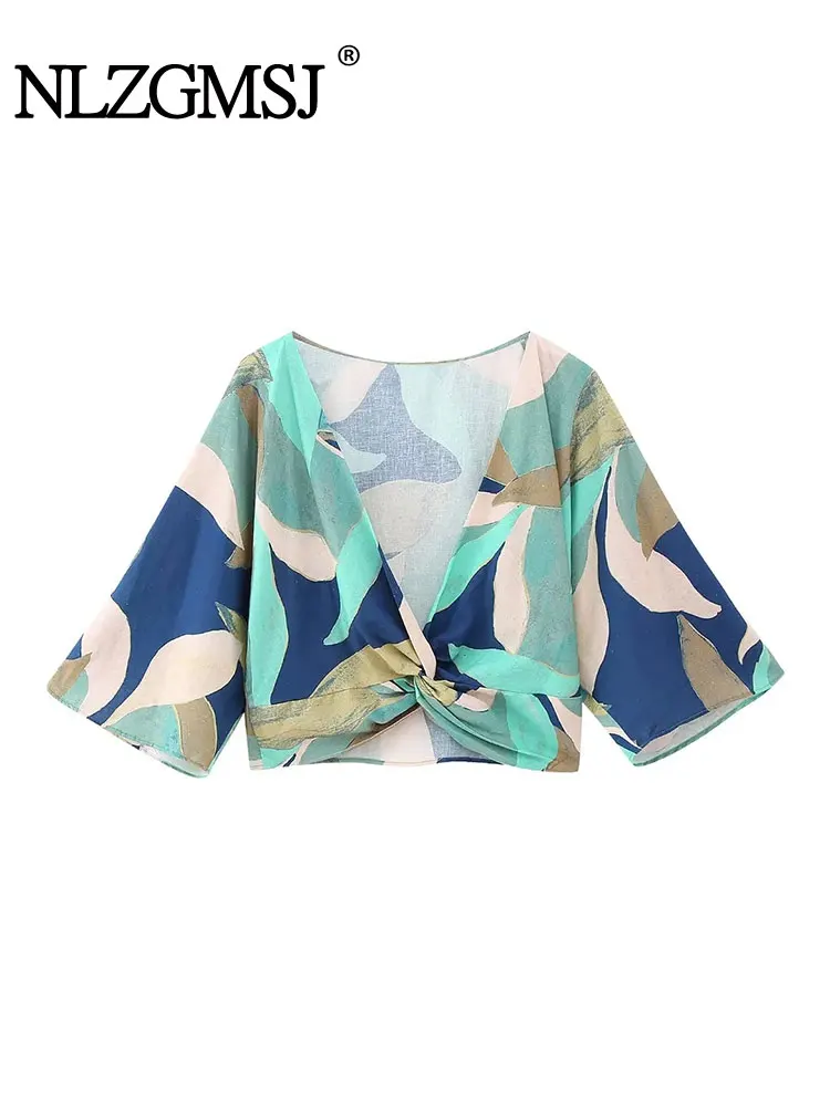

Nlzgmsj TRAF 2023 Print Crop Top Female Ruched Half Sleeve Blouses For Women Boho Sexy Blouse Summer Blouse For Woman
