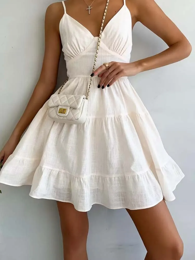 

Элегантное платье на бретельках, женское сексуальное мини-платье с V-образным вырезом, летнее модное белое платье-трапеция без рукавов, женское винтажное платье в стиле ретро, сарафан