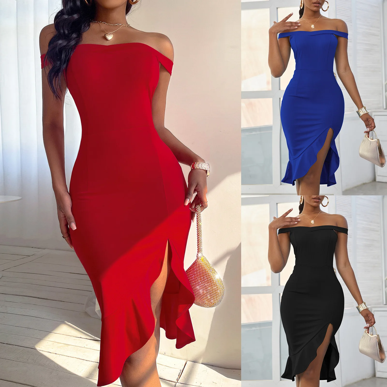 

Fashion Sexy Slim Dress Flounced edge Casual Slash-neck Lrregular Ladies Mini Dress Vintage Solid Elegant Female Party Dresses