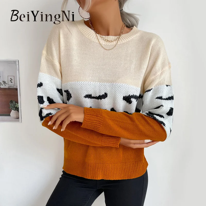 

Beiyingni Autumn Winter Women's Sweater Spell Color Leopard O-neck Knitting Fashion Pullover Femme Casual Loose Apricot Jumper