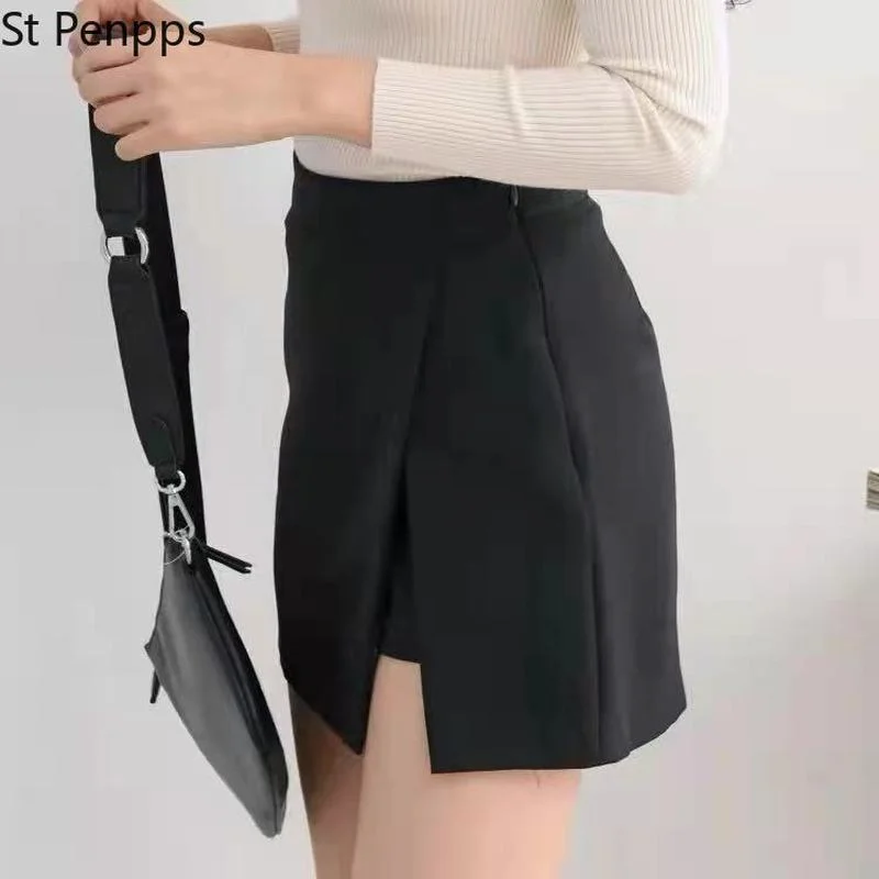 Mini Skirts Women Irregular Solid Side-slit Stretchy Korean Style Trendy Chic OL High Waist Female Bottom Popular Spring Autumn |