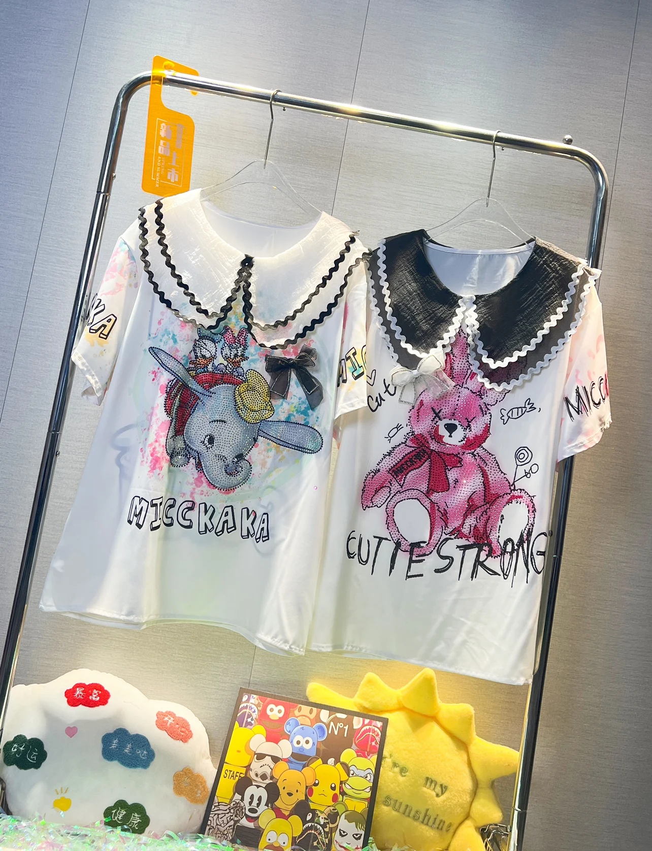 

Trendy 2023 New Summer Women Short Sleeve T-shirt Peter Pan Collar Diamonds Cartoon Loose Mid-long Pullover Top Casual Tees