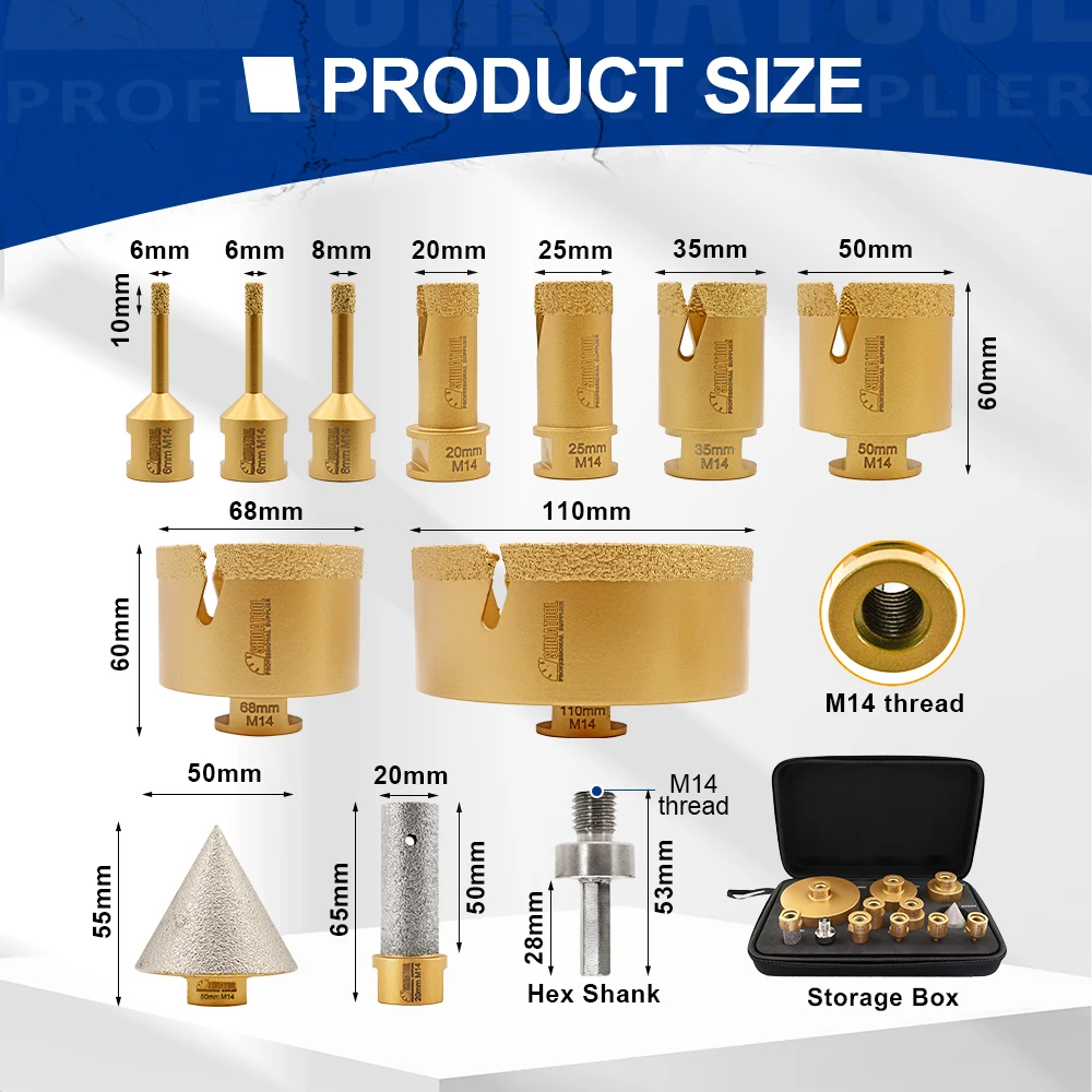

SHDIATOOL Набор алмазных сверл, 12 шт., кольцевая пила 6-110 мм + фрезы 20 мм + фаска 50 мм + шестигранный адаптер, набор инструментов для плитки M14