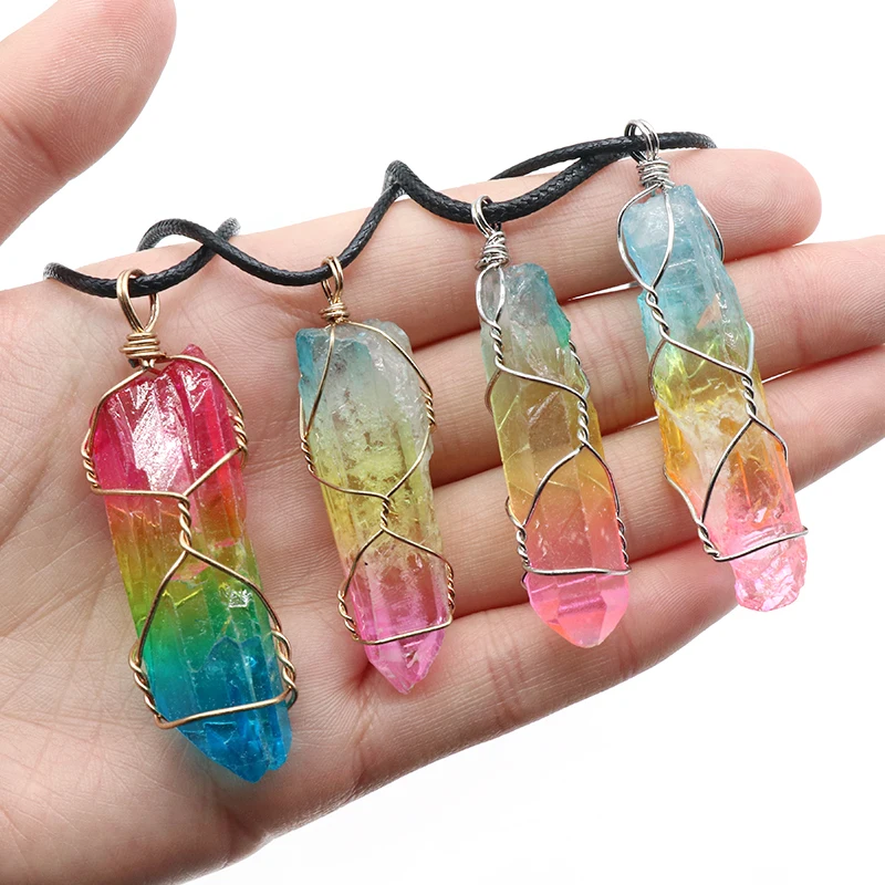 

Crystal Chakra Necklace Winding Rainbow Quartz Reiki Healing Rock Raw Stone Pendant Necklace Jewelry Women Gift