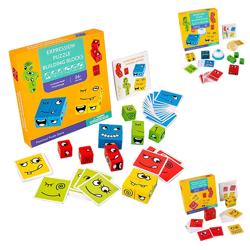 

Wooden Expressions Matching Block Puzzles Face-Changing Square Building Parent-Child Board Games Educational Toys