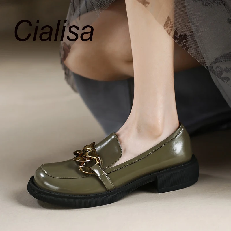 

Cialisa Black Khaki Cool Gold Chain Decoration Women Flat Shoes Round Toe Thick Outsole Chunky Low Heels Sweet Loafers Footwear
