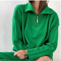 women green womens zip sweaters fashion female casual polo neck solid oversized pullovers jumper knitted winter tops 2021