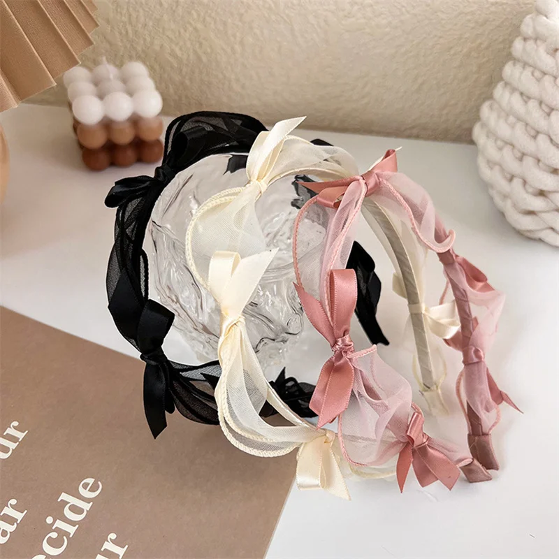 

Korean Girls Lace Mesh Hairband with Bowknot Pearl Headbands Women Lady Sweet Headwear Bezel Fashion Hair Accessories