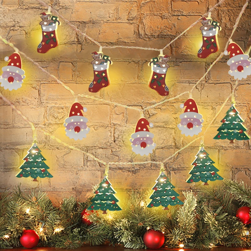 

Светодиодная гирлянда с 10 лампочками, гирлянда для новогодней и новогодней елки с изсветодиодный ением Санта-Клауса, снеговика, рождественской елки