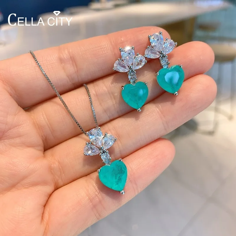 Фото Cellacity Real 925 Sterling Silver Jewelry Set For Women Paraiba 10*10mm Heart Vintage Blue Gemstones Wedding Party Fine Jewelry №1