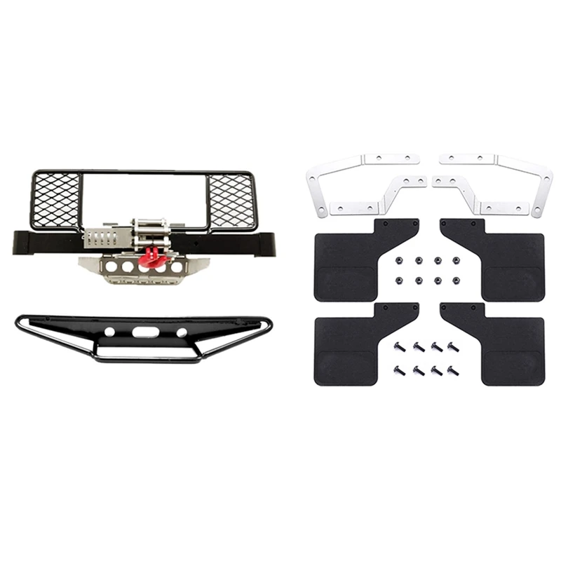 

2 Set RC Car Part: 1 Set Metal Front Rear Bumper Protection Board Winch & 1 Set Rubber Front And Rear Fenders Mud Flaps