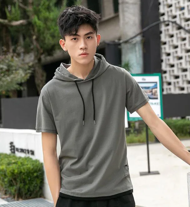 

New Style Summer Men's Short-Sleeved Cotton Blend Hooded Round-collar Slim T-Shirt ABD73