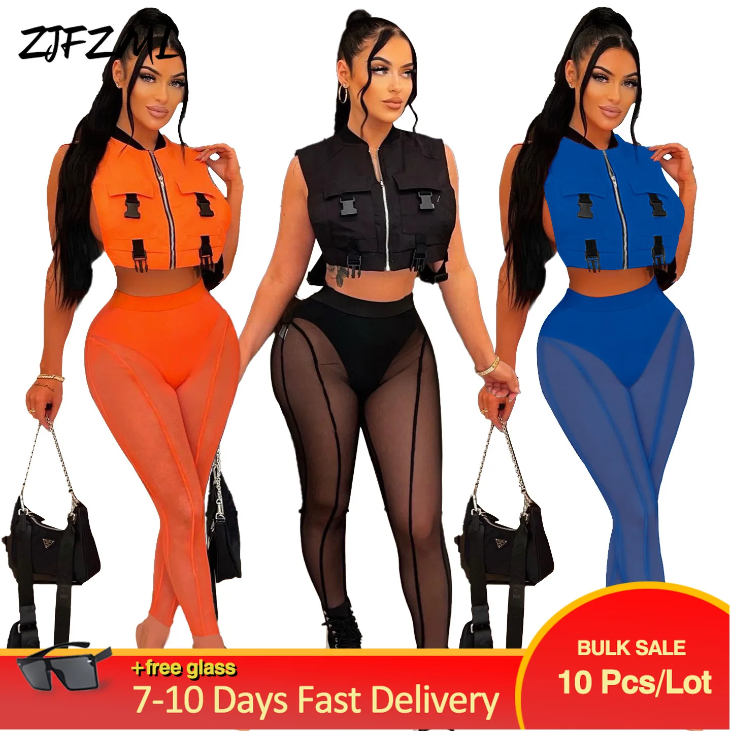 

Bulk Items Wholesale Lots Side Split Zipper Bandage Tank Top + Solid Mesh Patchwork See-through Pants Clubwear Women Outfits Y2k