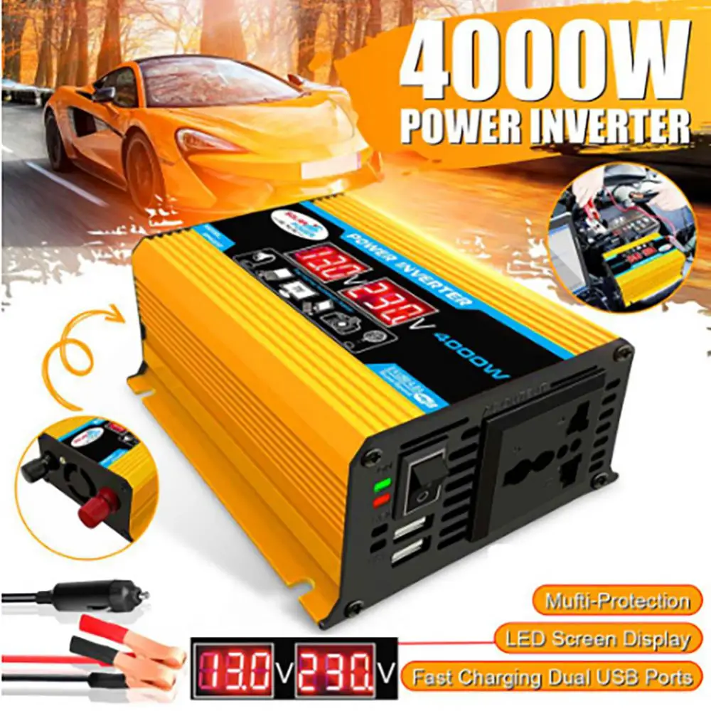 4000W Peak Solar Car Power Inverter DC 12V to AC 220V Car Adapter LCD Display Car Converter with 2.4A 2-Port USB Car Adapter