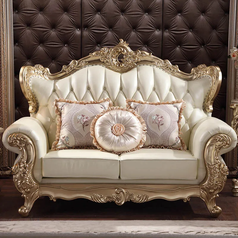 

European Leather Sofa First Layer Cowhide Villa Large Apartment Living Room Combination Champagne Color Solid Wood Carved