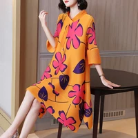 french miyake pleated dress 2022 spring and summer new fashion printing loose large size temperament fat mm womens dress