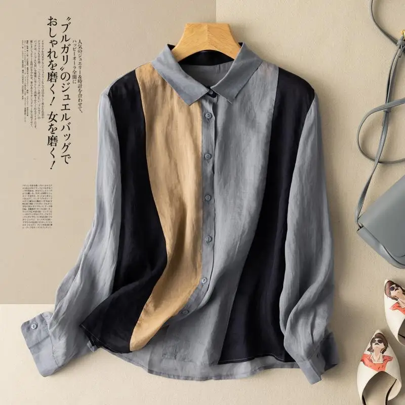 

New Arrival Spring Women Long Sleeve Turn-down Collar Blouse Patchwork Striped Cotton Linen Single Breasted Casual Shirts P320