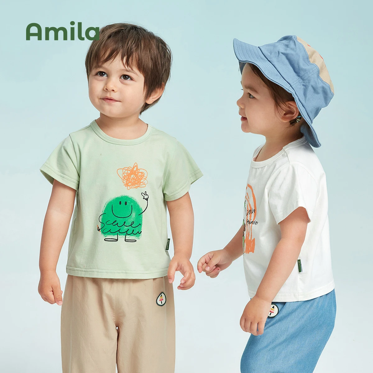 Amila Children's 2022 Summer New Round Neck Short-sleeved T-shirt Boys and Girls Baby Cool Skin-friendly Children's Tops Fashion