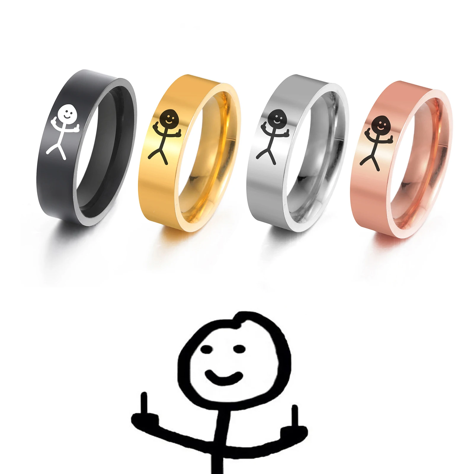 

Jeshayuan Personalit Finger Stickman Rings Jewelry For Men Party Birthday Gift Funny Laser Unisex HIP Pop Stainless Steel Ring