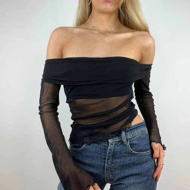 

Off Shoulder Sheer Mesh See Through Crop Tops Women Sexy Long Sleeve Lettuce Trim Tight T-Shirts Party Club Summer Ladies Tops