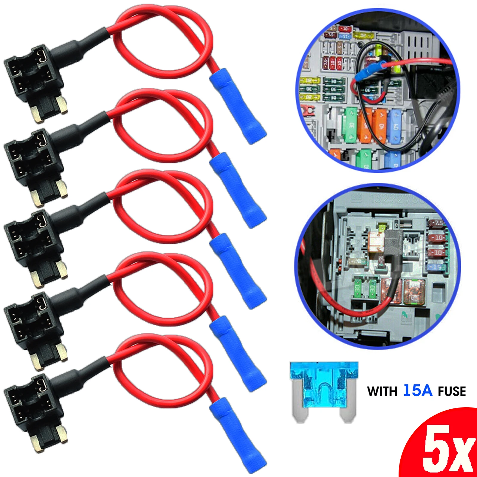 

Universal 5 Pack Car Add-A-Circuit Piggy Back Fuse Tap Adapter 16AWG 15A Low Profile Mini Fuse Blade Holder Small Fuse Extractor