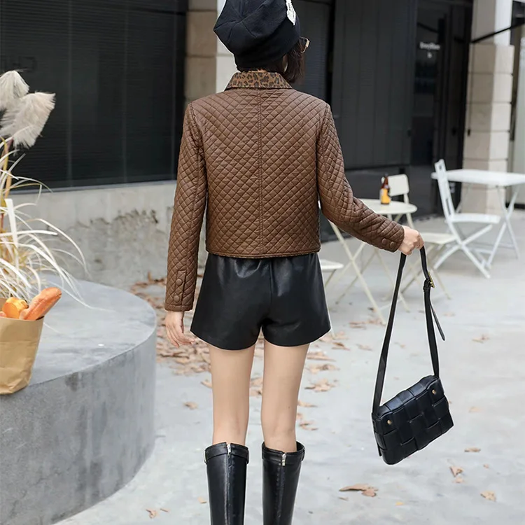 KoHuiJoo  2022 Autumn Winter New Plaid Leather Jacket Women Coats Leopard Patchwork Korean Washing PU Casual Leather Coat Short