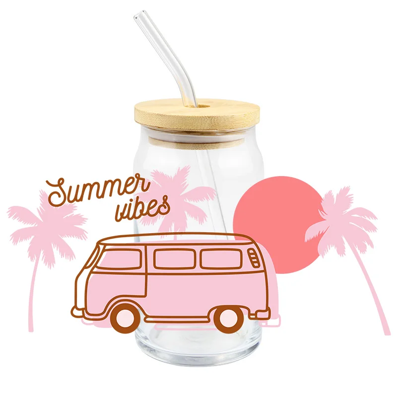 

Fashion Pink UV DTF Transfer Sticker Summer Coconut Tree Bus For Wraps The Libby Glasses Waterproof Easy To Use Custom Decals