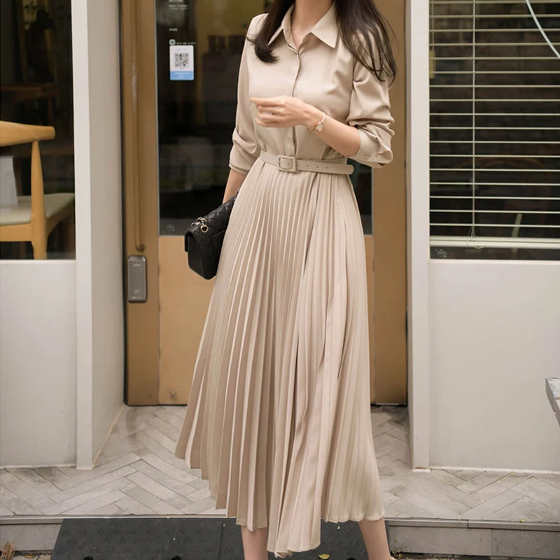 

Lucyever Elegant High Waist Pleated Dress Women Korean Fashion with Belt Shirt Dresses Female 2022 Autumn Long Sleeve Midi Dress