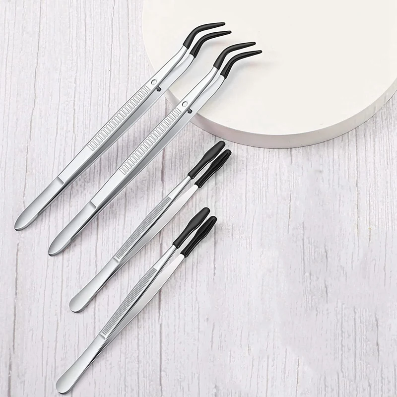 

2Pcs Elbow And 2Pcs Flat Tip Tweezers Coated Laboratory Hobby Jewelry Craft Tools Stainless Steel Tweezers