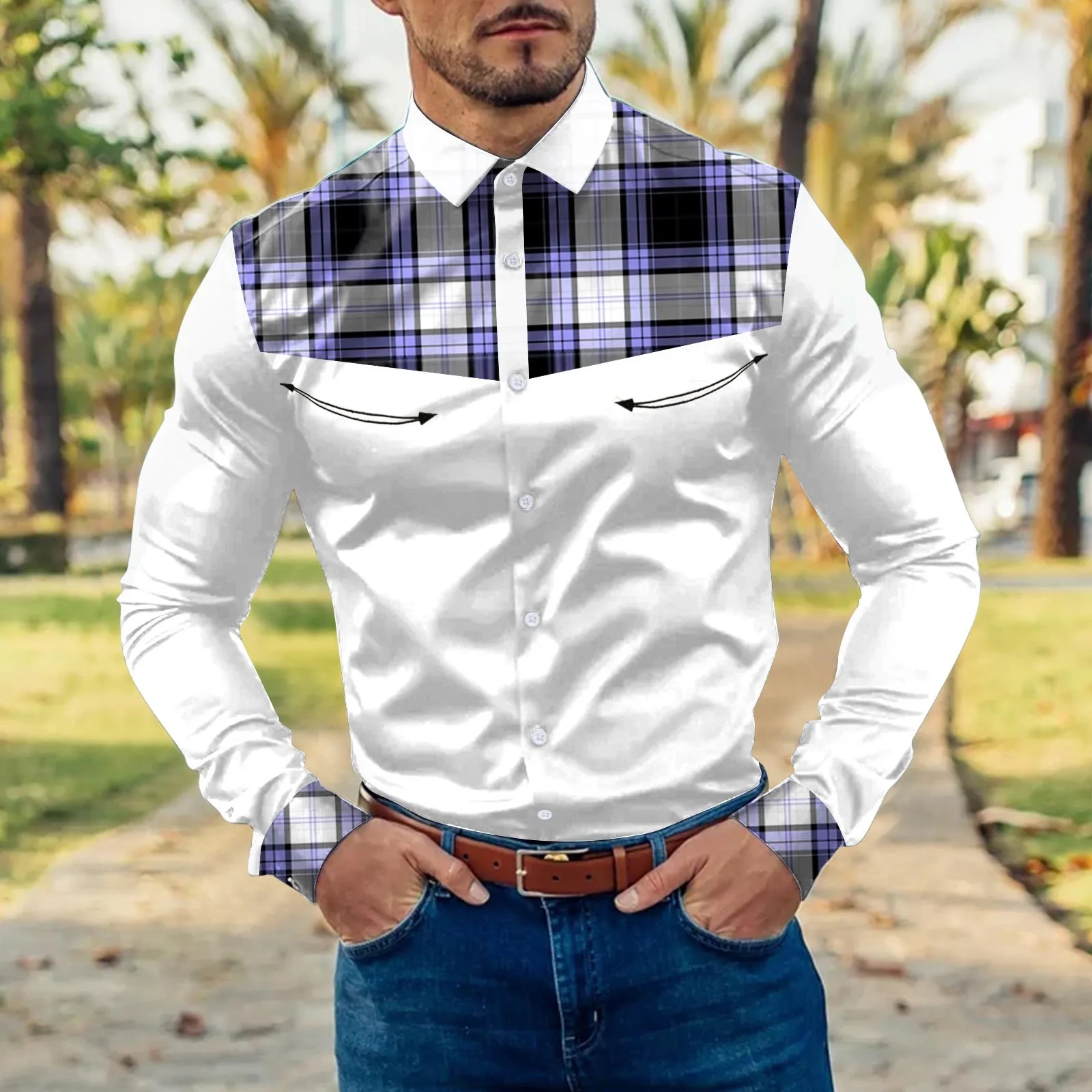 

Mens Fashion Casual Plaid Patchwork Color Block Lapel Compression Running Simple Long Sleeve Shirt Men Men's Long Sleeved Shirts