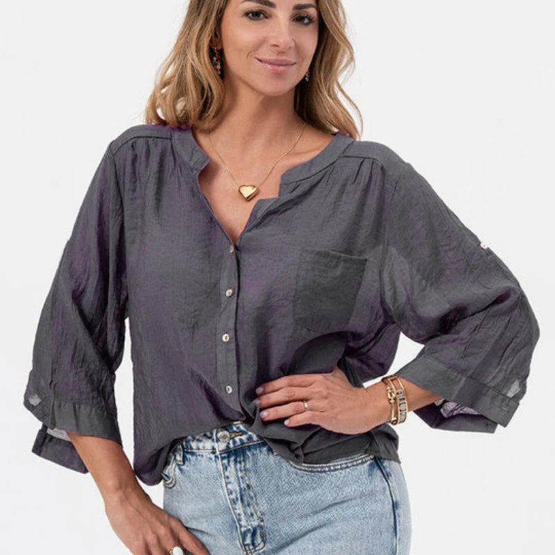 

Women Blouse Three Quarter Sleeve Loose Clothes Spring Summer Casual Shirt New Solid Color Half Open Collar Tops Blusas 27966