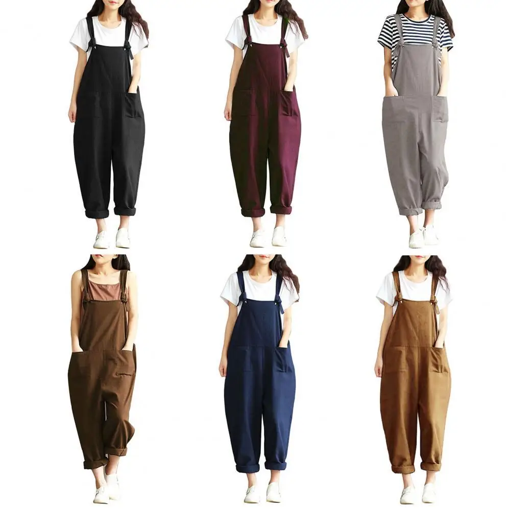 Women's Sleeveless 2022 Jumpsuit Loose Preppy Pants Casual Pocket Work Clothes Tracksuit Solid Color