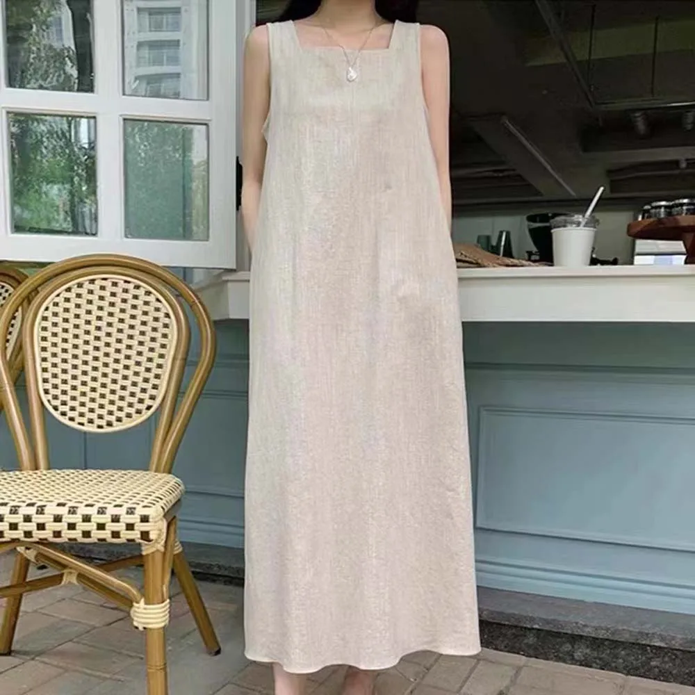 

Женское свободное платье на бретелях, корейское шикарное минималистичное платье из хлопка и льна с квадратным вырезом, открытой спиной и шн...