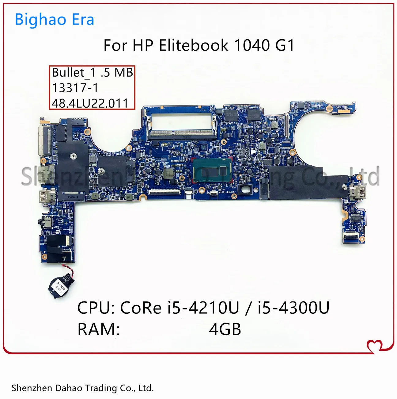 

760277-601 760277-001 For HP Elitebook 1040 G1 Laptop Motherboard With i5 CPU 4GB-RAM 13317-2 48.4LU22.021 13317-1 48.4LU22.011