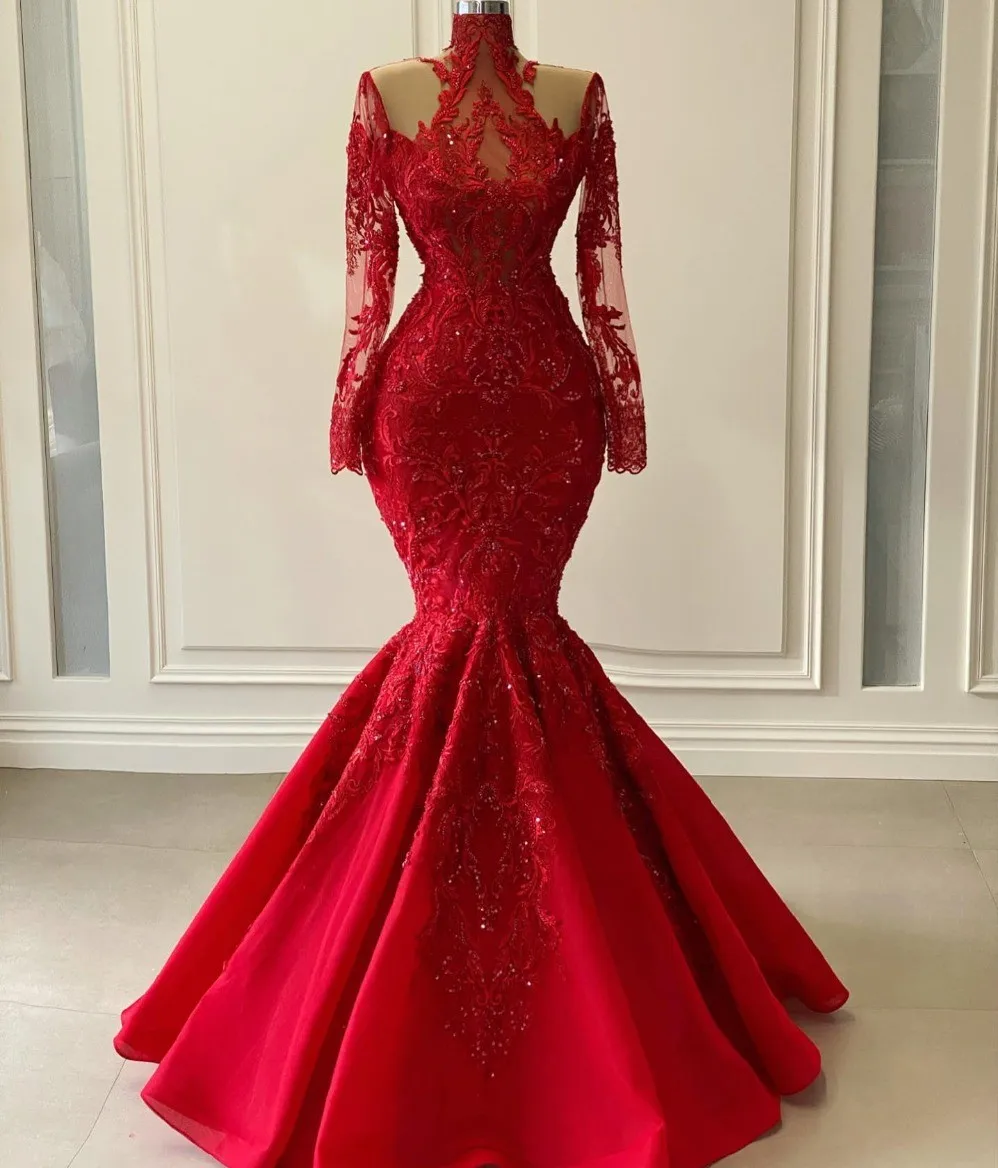 

Modest Red Lace Mermaid Prom Dress Appliques Beaded Long Illusion Sleeevs Formal Evening Gowns Arabic Dubai Robes De Soirée