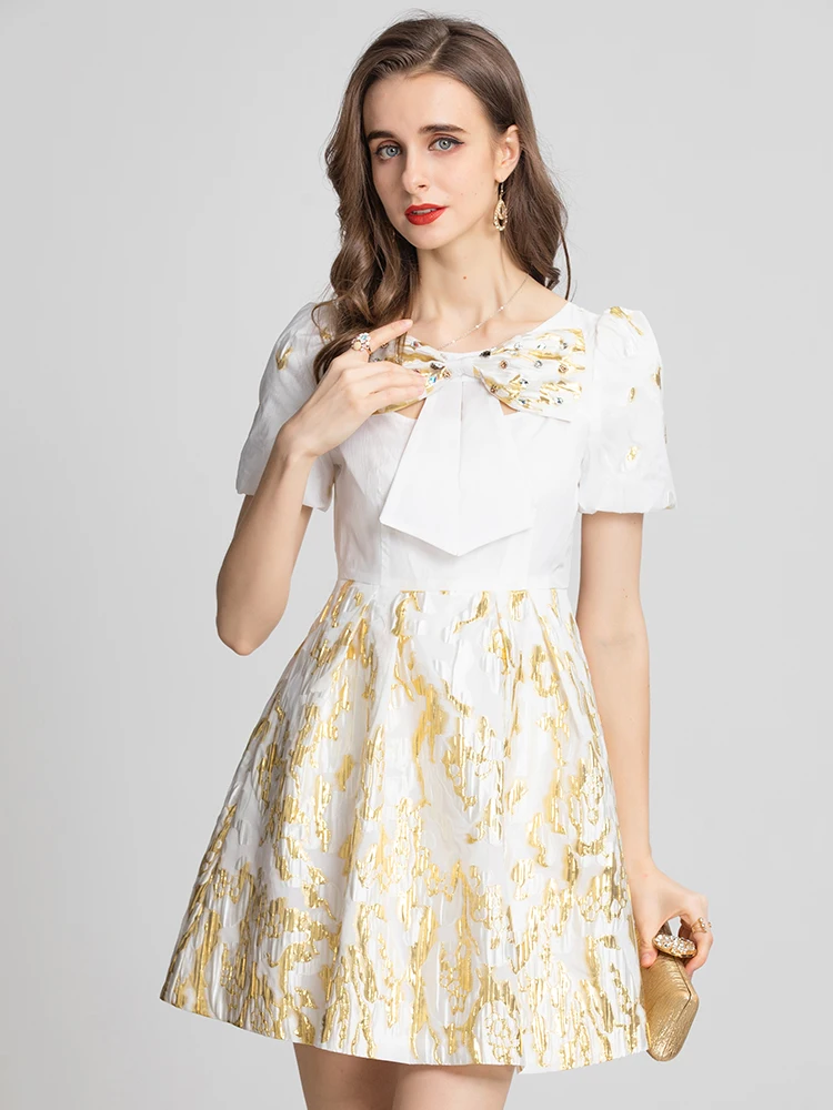 

MoaaYina Fashion Runway dress Summer Women's Dress Elegant Bow Beading Short sleeve Gold Jacquard Casual Party Dresses