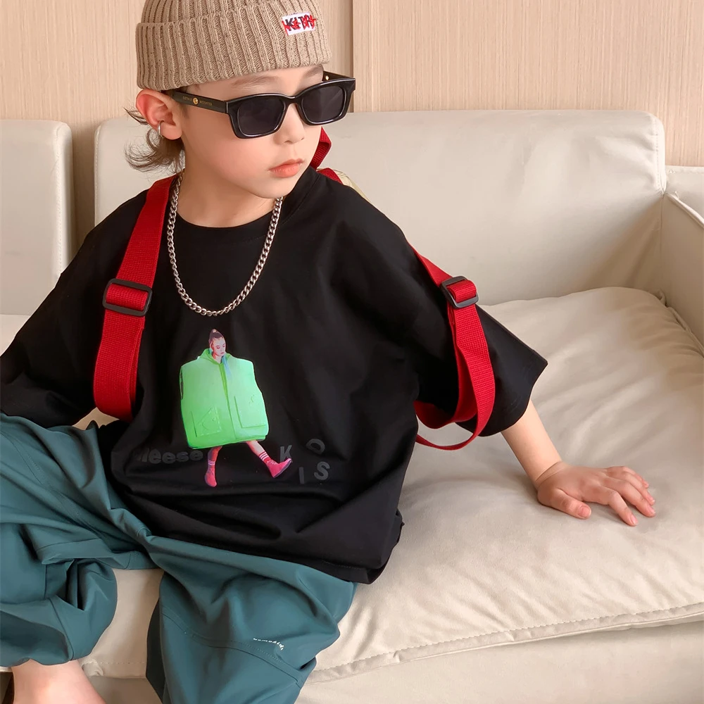 

Children Clothing Boys T Shirt 2023 Spring Summer New Fashionable Boys Solid Color Thin Printed Knee Length Cool Loose Top Kids