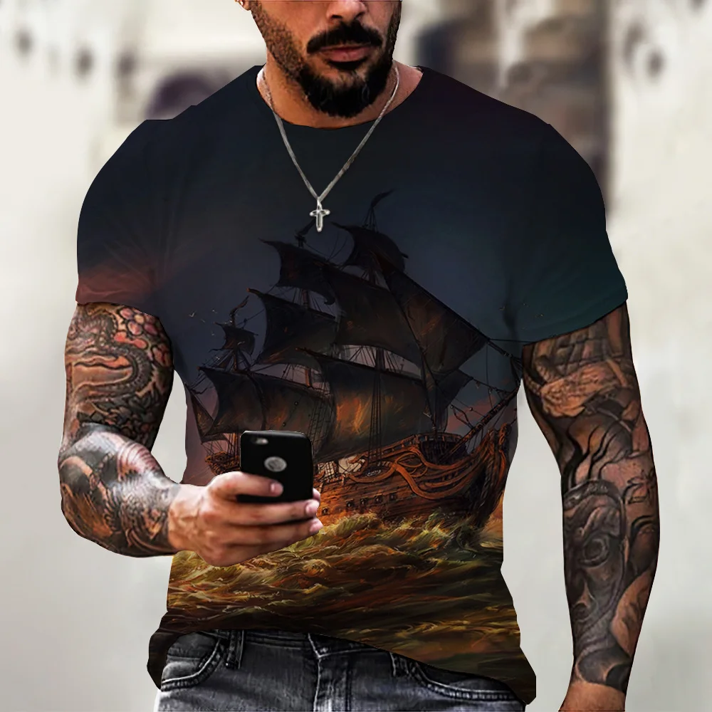 

Vintage Men Boat Print T-shirt Men's Super Large Top Tshirt 3D Print Pirate Boat Round Neck Short Sleeve T-shirt Street Clothing