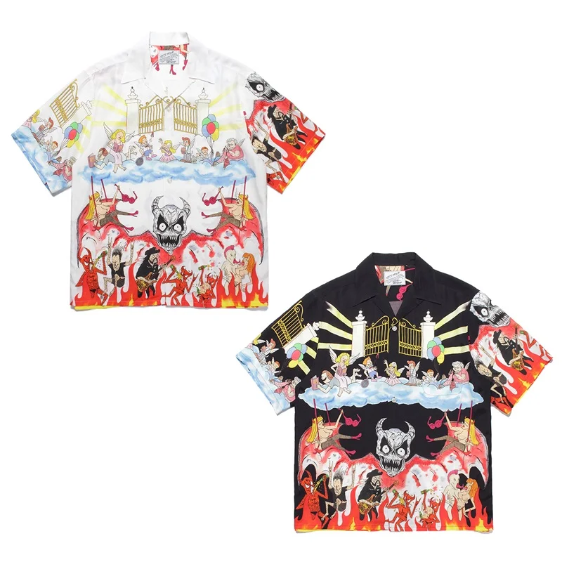 

23Japanese WACKO MARIA Spooky ghost Heaven Graffiti Print Limited edition Shirt Men Women Black White Hawaiian Style Short