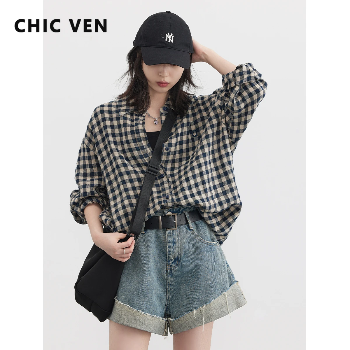 

CHIC VEN Women Dresses Loose Linen Texture Striped Plaid Shirt Long Sleeved Blouses for Woman Female Tops 2023 Summer Coat