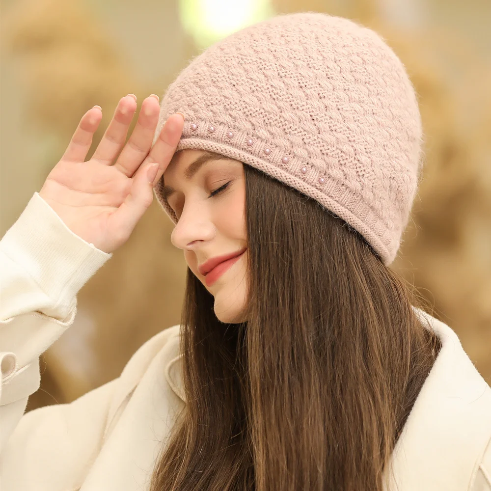 New Women Winter Hat Street Fashion Rabbit Fur Blend Warm Beanie Hat For Female Casual Pearl Decoration Knitted Hat