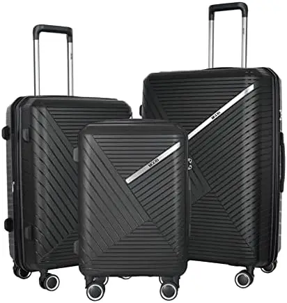 

Чемодан для багажа, чемодан из полипропилена, жесткий корпус, прочный легкий вес с замком TSA и колесами-спиннером (черный, ручная работа 20 дюймов)