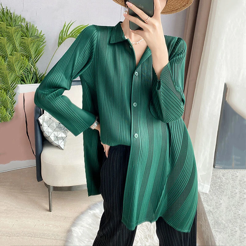 

Miyake Pleated Shirts Single Breasted Full Sleeve Casual Style Loose Irregular Wild Outerwear 2022 Autumn Women Fashion