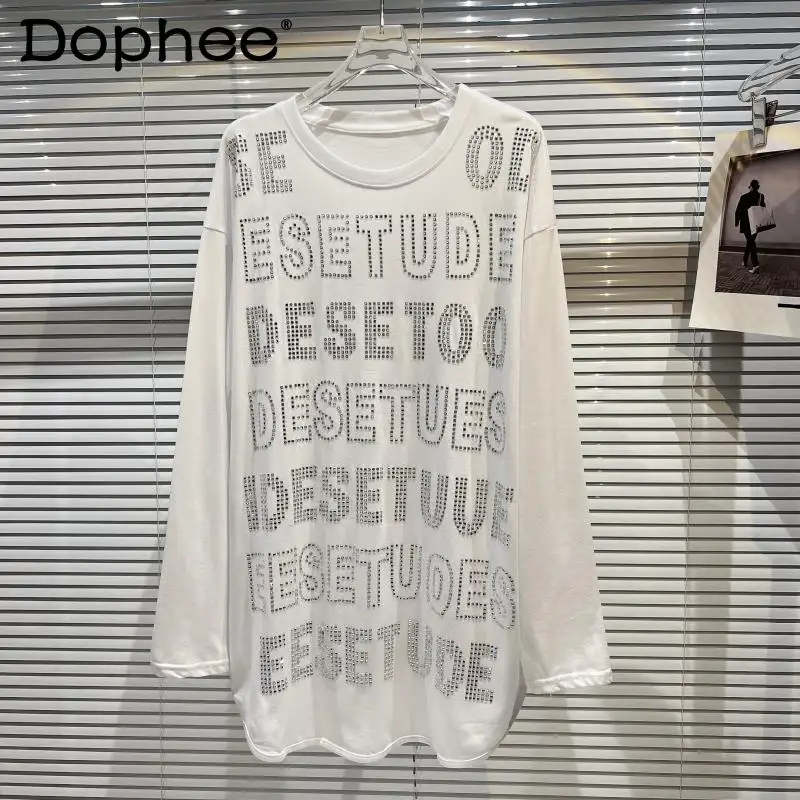 

2022 Spring New Full Body Rhinestone English Letter Long Sleeve T-shirt Women Heavy Embroidery Hot Drilling Loose White Tshirt