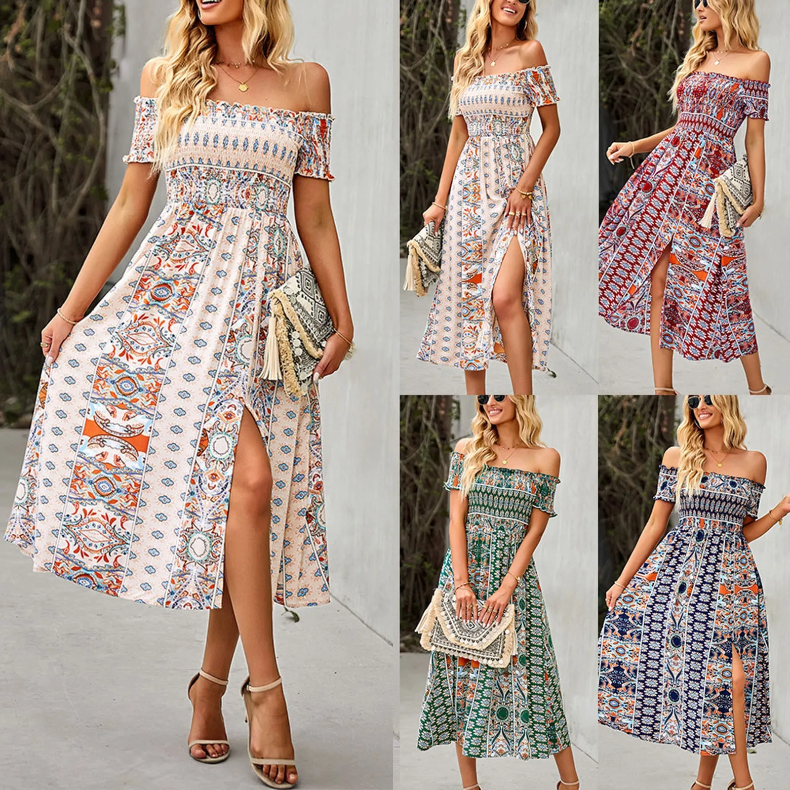 

Dresses for Women Long Sleeve Fall Women's Boho Flowy Off The Shoulder Maxi Dresses Smocked Womens Fall Casual Midi Dresses