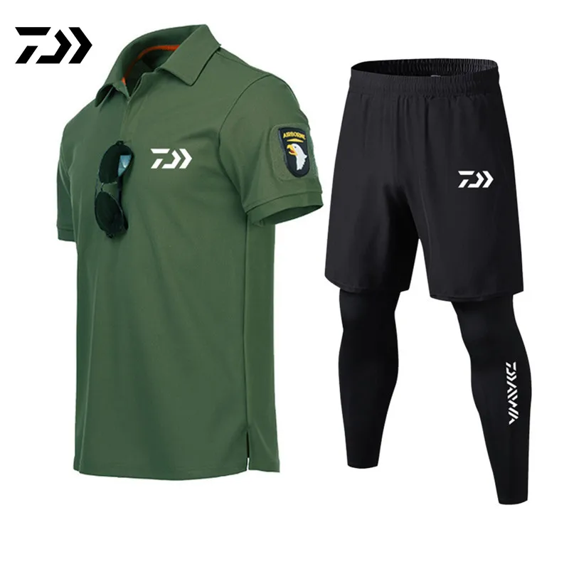 

DAIWA Summer Men's Quick Drying Breathability Fake 2-piece Fishing Pants Outdoor Hiking Bike Set Running Training Fitness Set